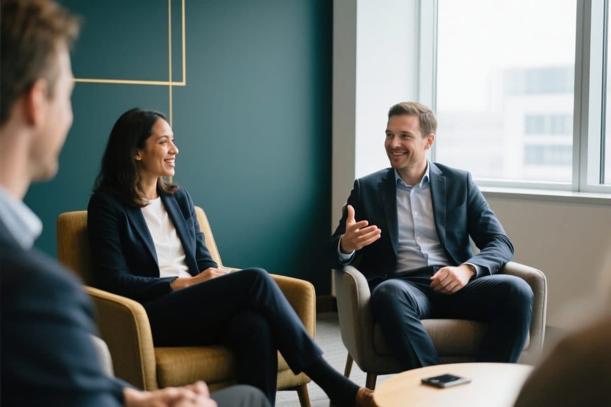 Duas pessoas conversando em poltronas durante uma sessão de coaching executivo em um escritório moderno.